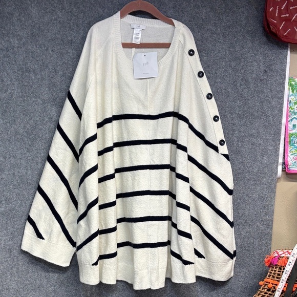 J. Jill Cream And Navy Buttoned Accents Cape Shawl Sweater One Size Fits Most